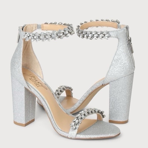 NEW Badgley Mischka Mayra Silver Glitter Rhinestone Ankle Strap Heels - Picture 8 of 12